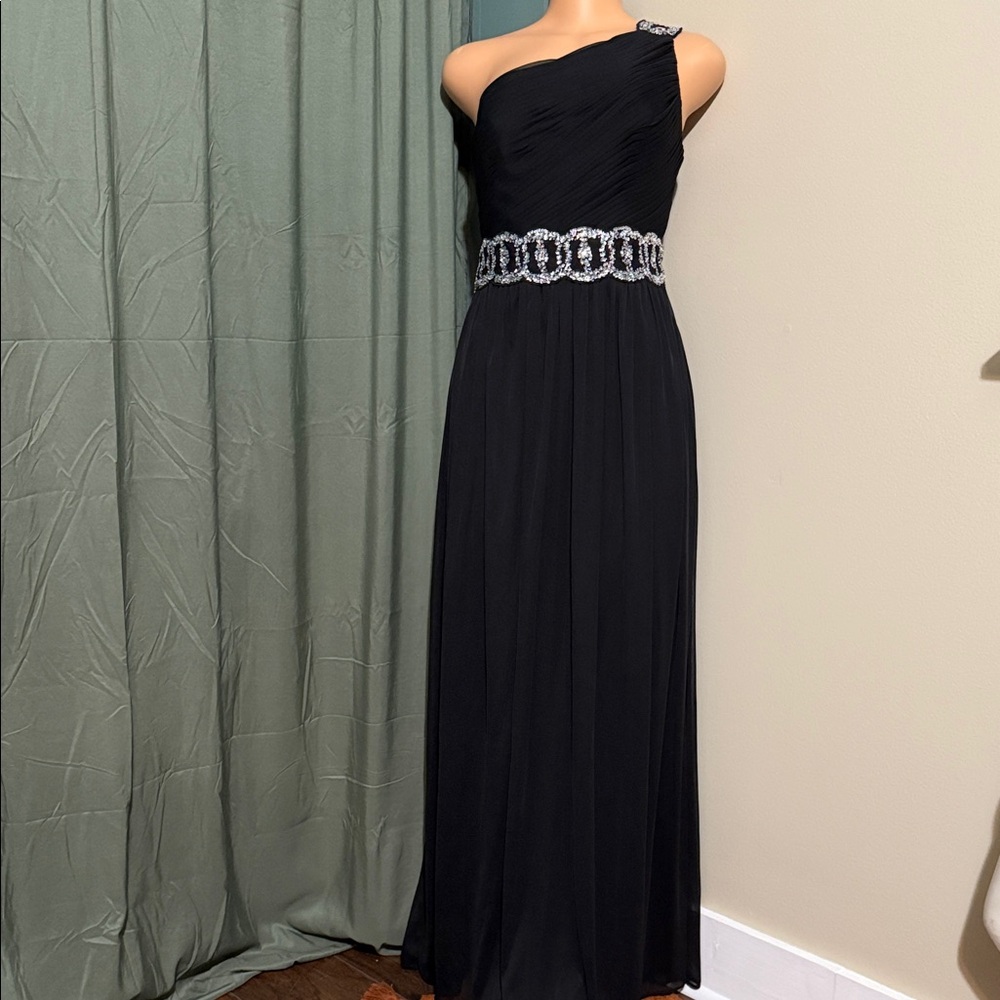 Blondie Nites Black One-Shoulder Dress with Embellished Waist
